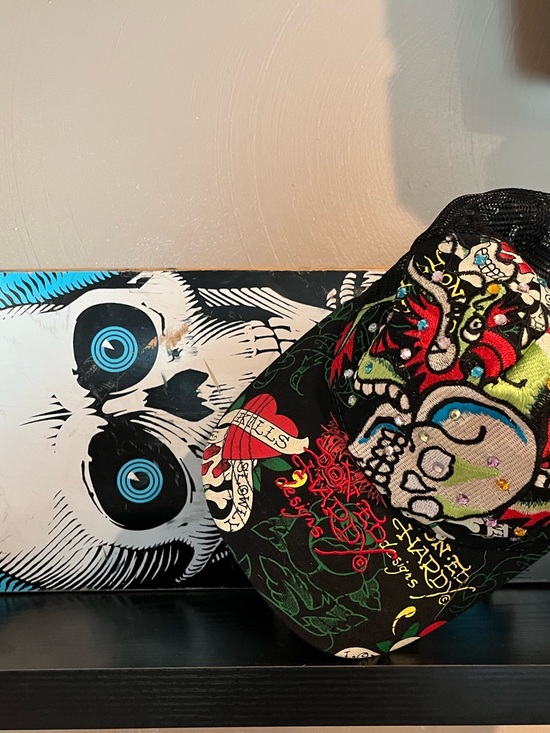 Ed Hardy Accessories - Ed Hardy Black Trucker Hat with Red and Green Skull Detail